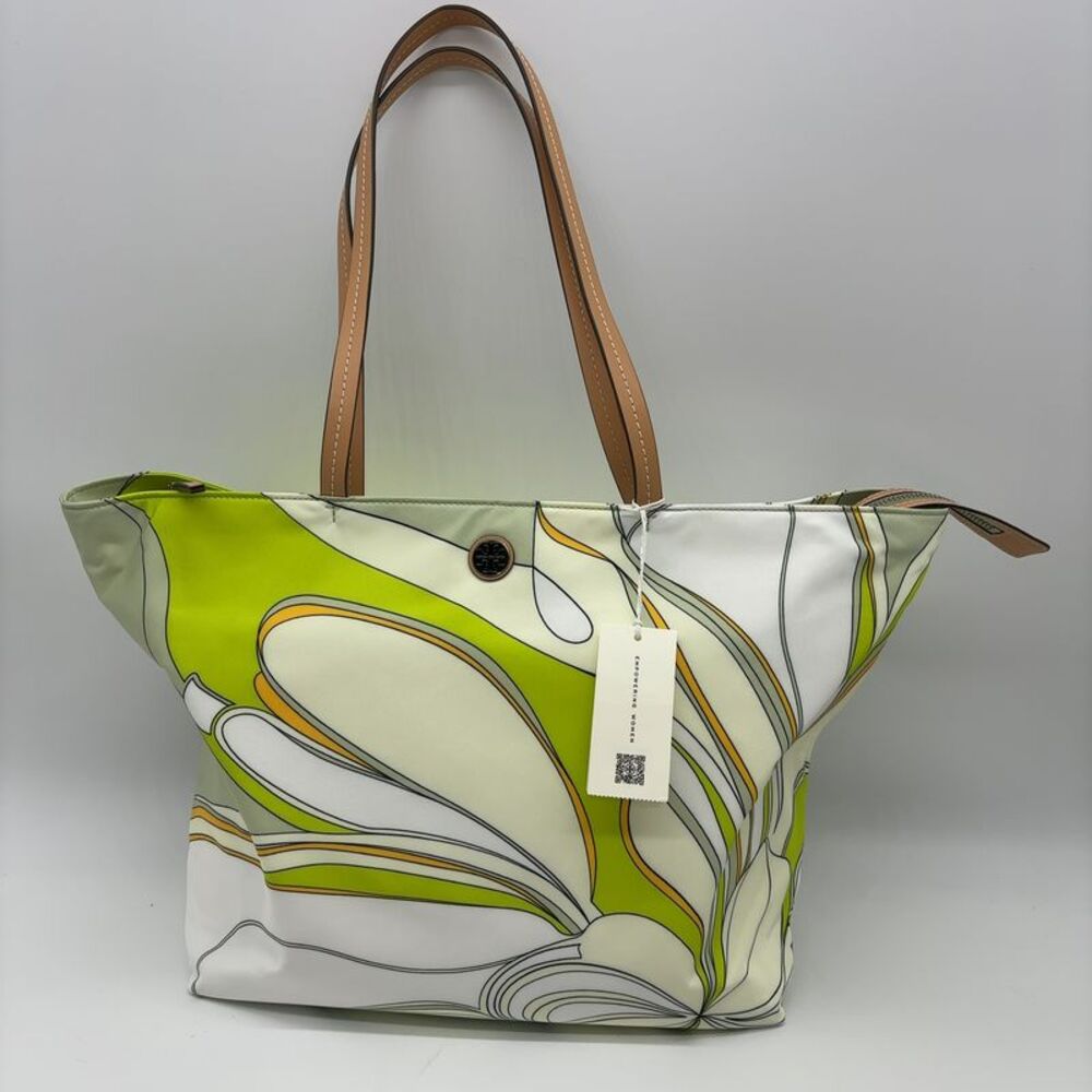 Tory Burch Green and White Floral-Print Tote with Tan Handles